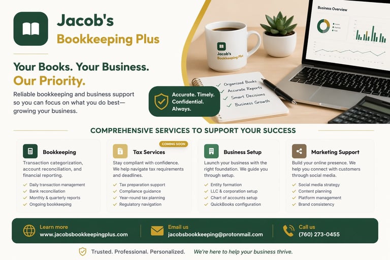 Jacobs Bookkeeping Plus service overview showing bookkeeping, tax, business setup, and marketing support for small business growth
